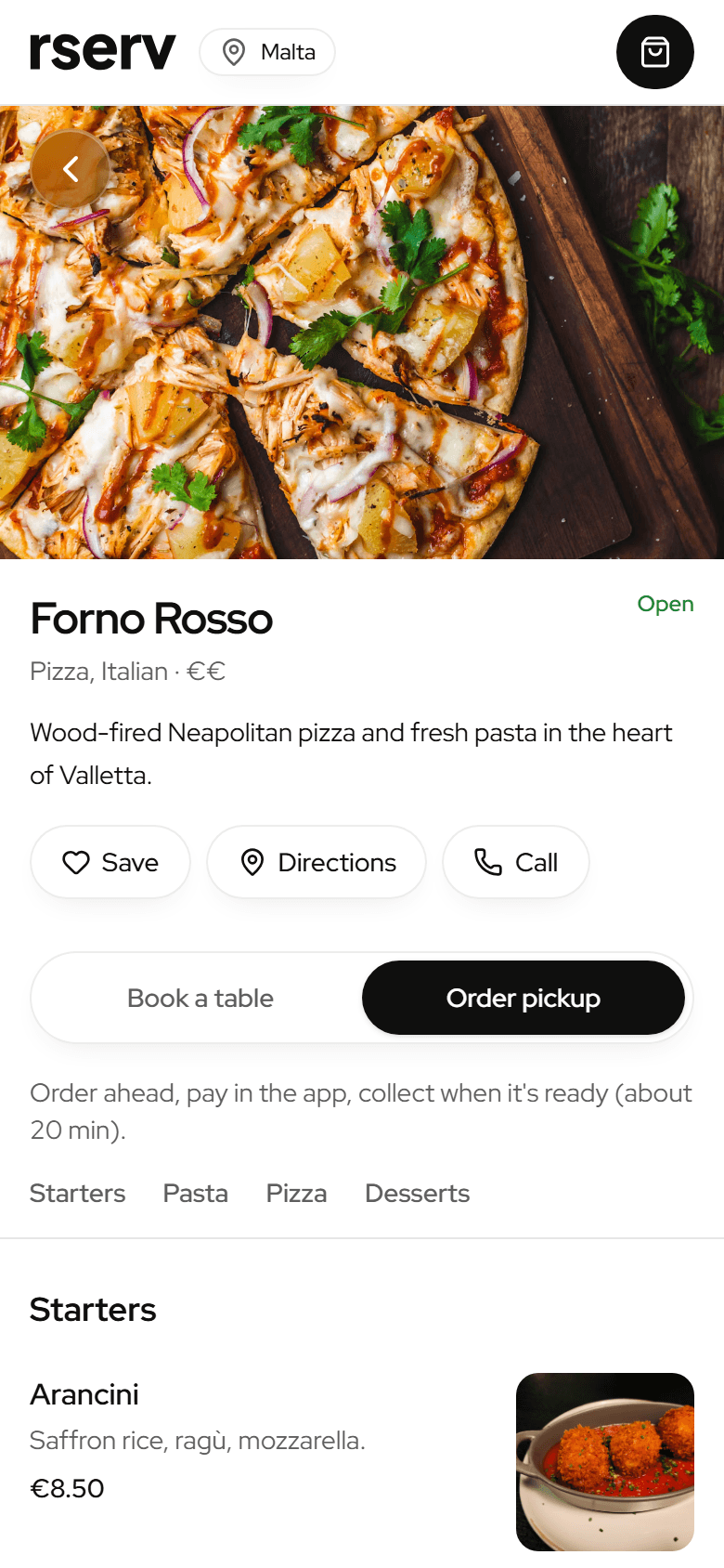 Ordering ahead for pickup from a restaurant's menu